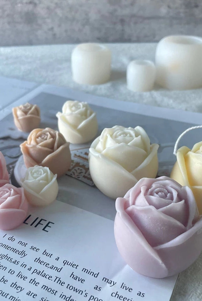 Rose Candle Moulds 7 - Silicone Mould, Mold for DIY Candles. Created using candle making kit with cotton candle wicks and candle colour chips. Using soy wax for pillar candles. Sold by Myka Candles Moulds Australia