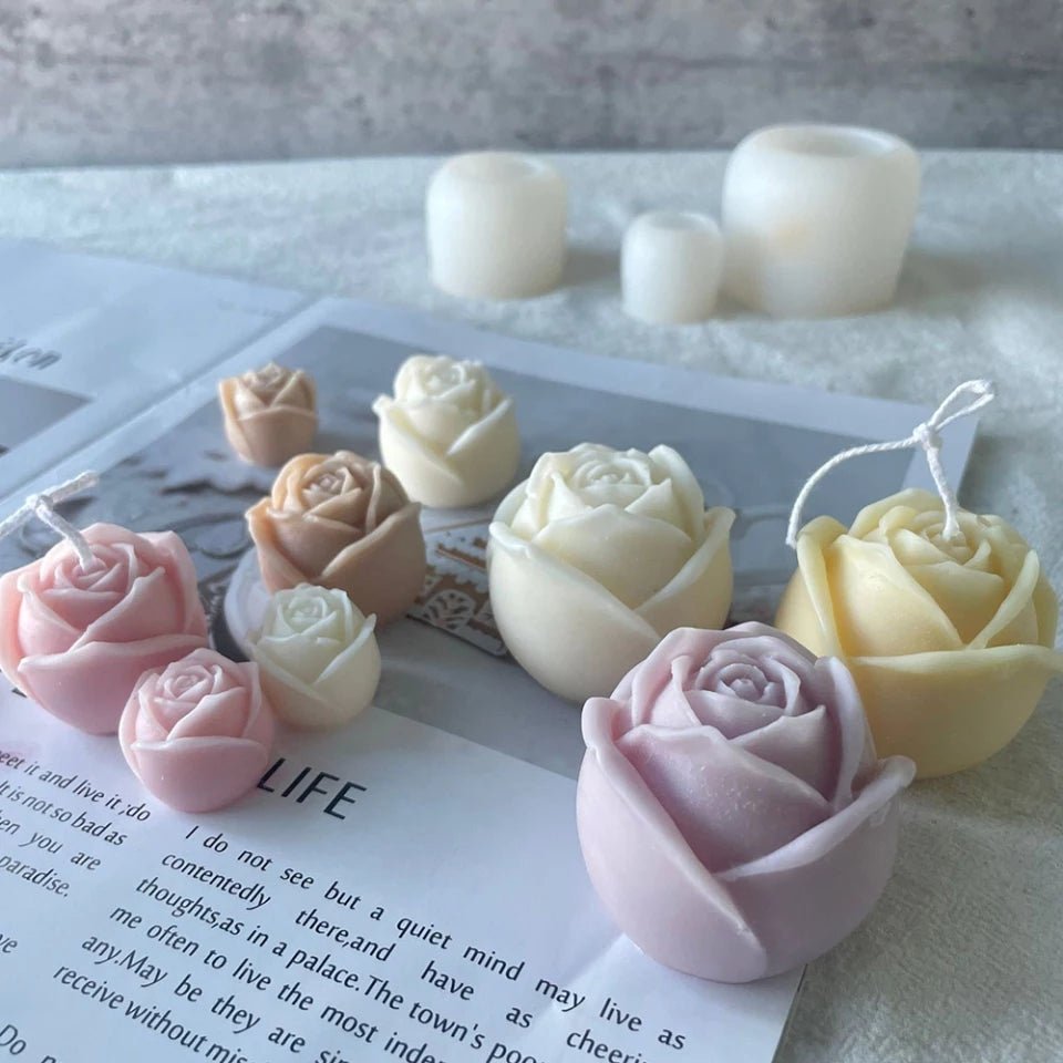 Rose Candle Moulds 7 - Silicone Mould, Mold for DIY Candles. Created using candle making kit with cotton candle wicks and candle colour chips. Using soy wax for pillar candles. Sold by Myka Candles Moulds Australia