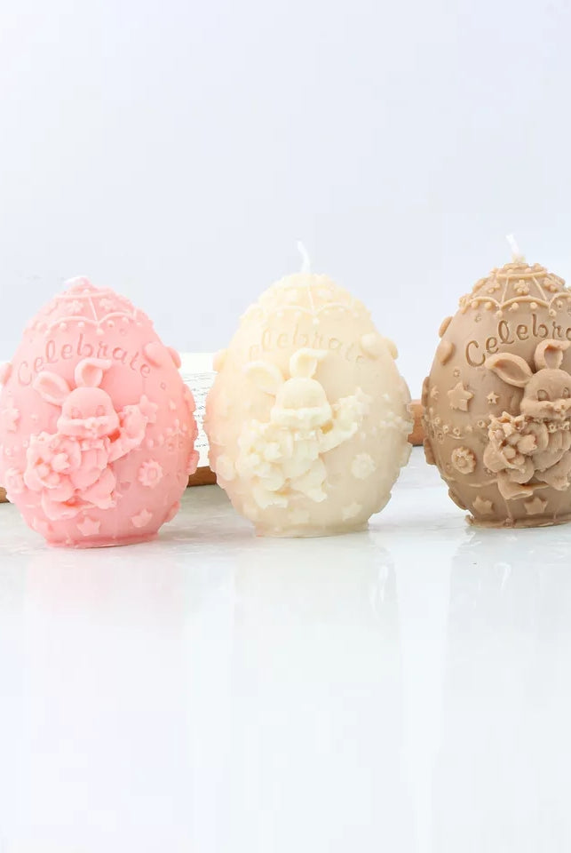 Celebrate Easter Egg Candle Moulds 2 - Silicone Mould, Mold for DIY Candles. Created using candle making kit with cotton candle wicks and candle colour chips. Using soy wax for pillar candles. Sold by Myka Candles Moulds Australia
