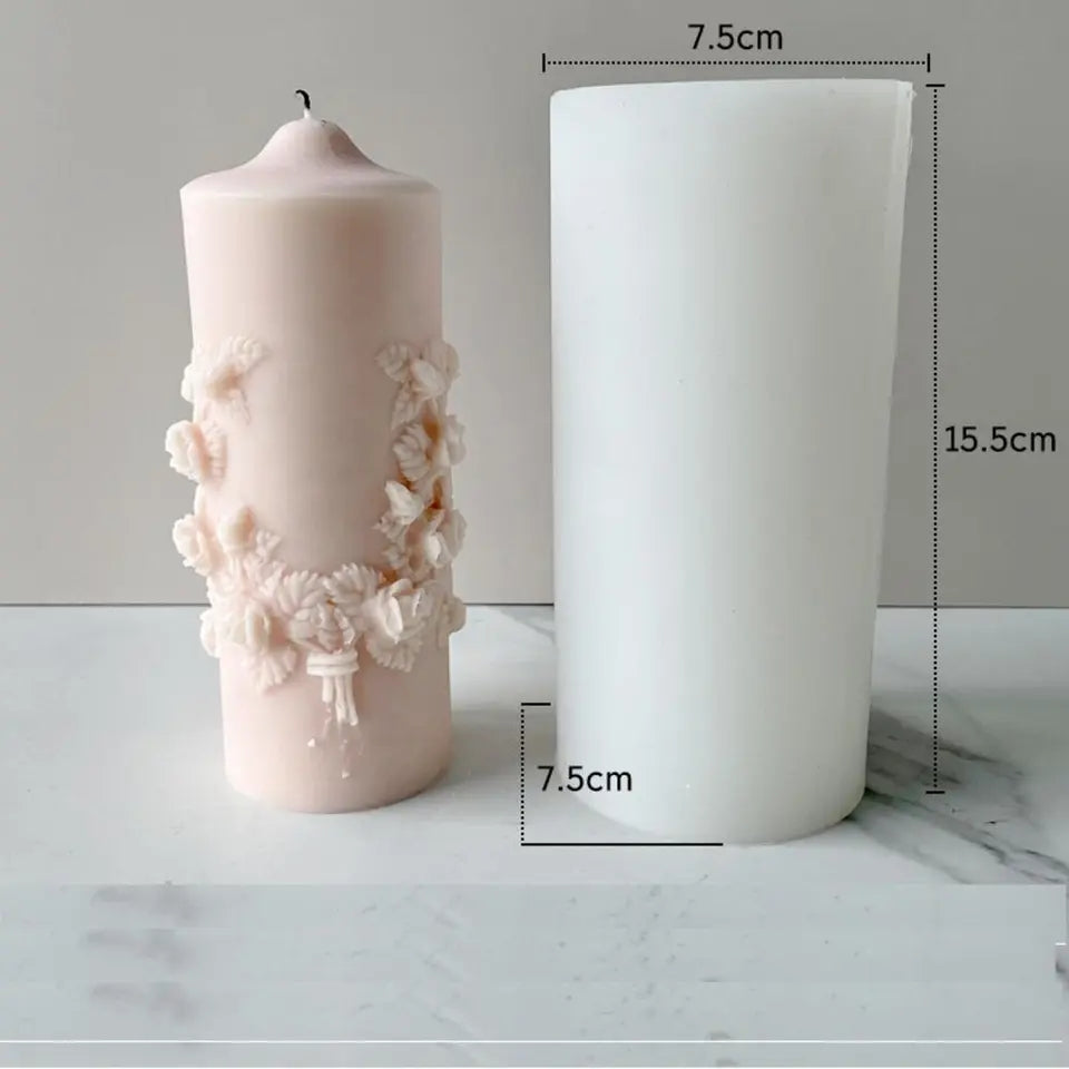 Relief Flower Pillar Candle Mould 4 - Silicone Mould, Mold for DIY Candles. Created using candle making kit with cotton candle wicks and candle colour chips. Using soy wax for pillar candles. Sold by Myka Candles Moulds Australia