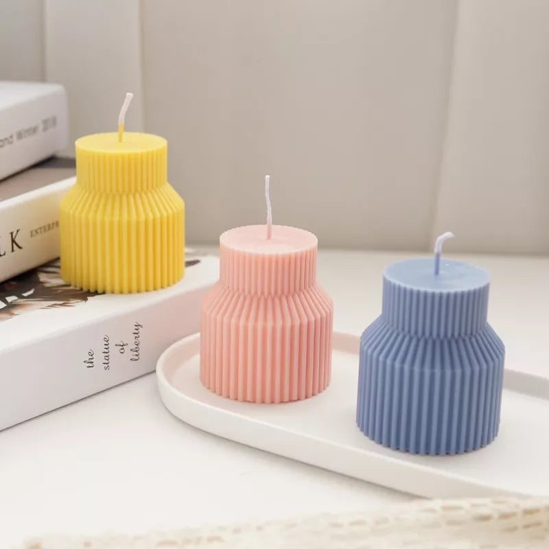 Short Ribbed Pillar Candle Mould 0 - Silicone Mould, Mold for DIY Candles. Created using candle making kit with cotton candle wicks and candle colour chips. Using soy wax for pillar candles. Sold by Myka Candles Moulds Australia