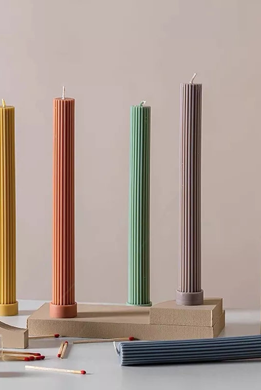 Base Ribbed Pillar Candle Mould 2 - Silicone Mould, Mold for DIY Candles. Created using candle making kit with cotton candle wicks and candle colour chips. Using soy wax for pillar candles. Sold by Myka Candles Moulds Australia