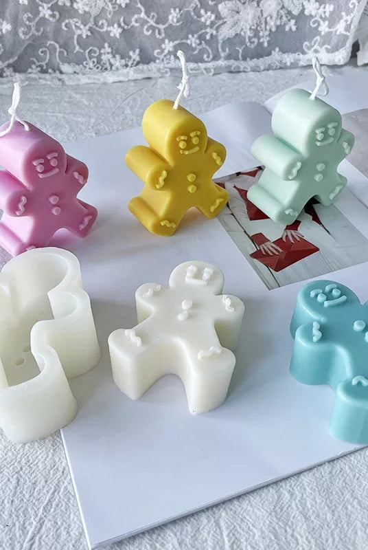 Gingerbread Man Candle Mould 2 - Silicone Mould, Mold for DIY Candles. Created using candle making kit with cotton candle wicks and candle colour chips. Using soy wax for pillar candles. Sold by Myka Candles Moulds Australia