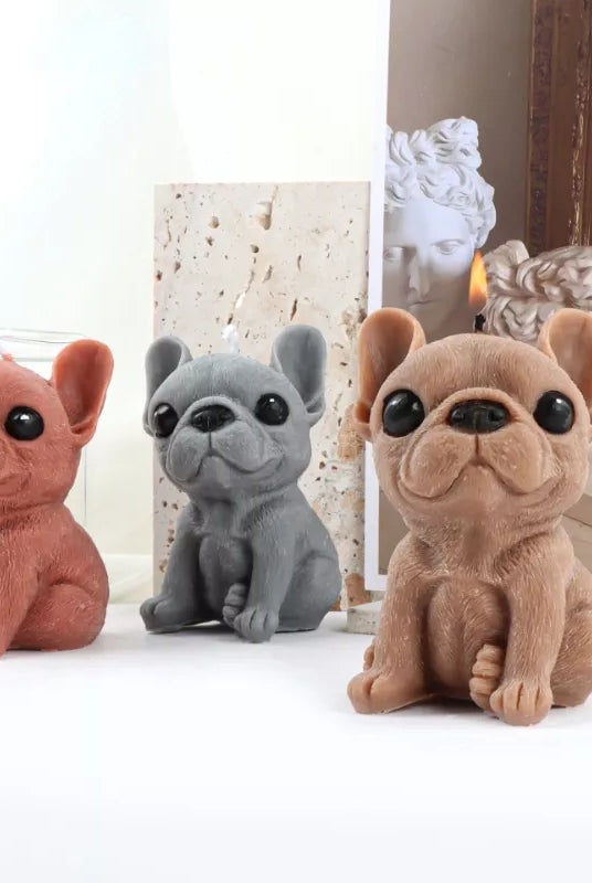 Frenchie Puppy Candle Mould 3 - Silicone Mould, Mold for DIY Candles. Created using candle making kit with cotton candle wicks and candle colour chips. Using soy wax for pillar candles. Sold by Myka Candles Moulds Australia