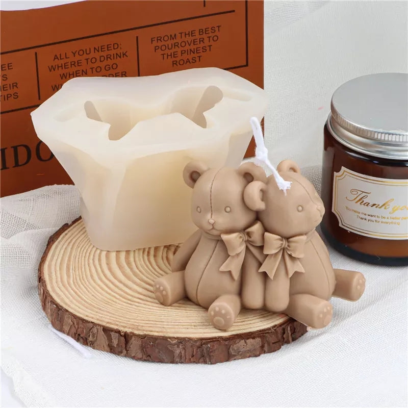 Twin Bears Candle Mould 2 - Silicone Mould, Mold for DIY Candles. Created using candle making kit with cotton candle wicks and candle colour chips. Using soy wax for pillar candles. Sold by Myka Candles Moulds Australia