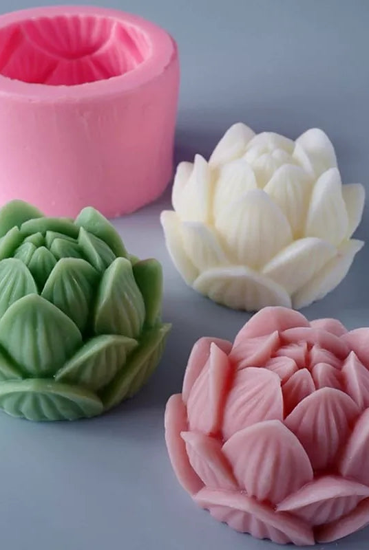 Lotus Candle Moulds 7 - Silicone Mould, Mold for DIY Candles. Created using candle making kit with cotton candle wicks and candle colour chips. Using soy wax for pillar candles. Sold by Myka Candles Moulds Australia