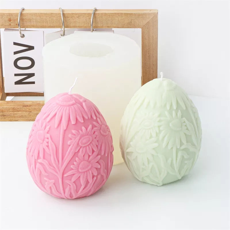 Floral Egg Candle Moulds 2 - Silicone Mould, Mold for DIY Candles. Created using candle making kit with cotton candle wicks and candle colour chips. Using soy wax for pillar candles. Sold by Myka Candles Moulds Australia