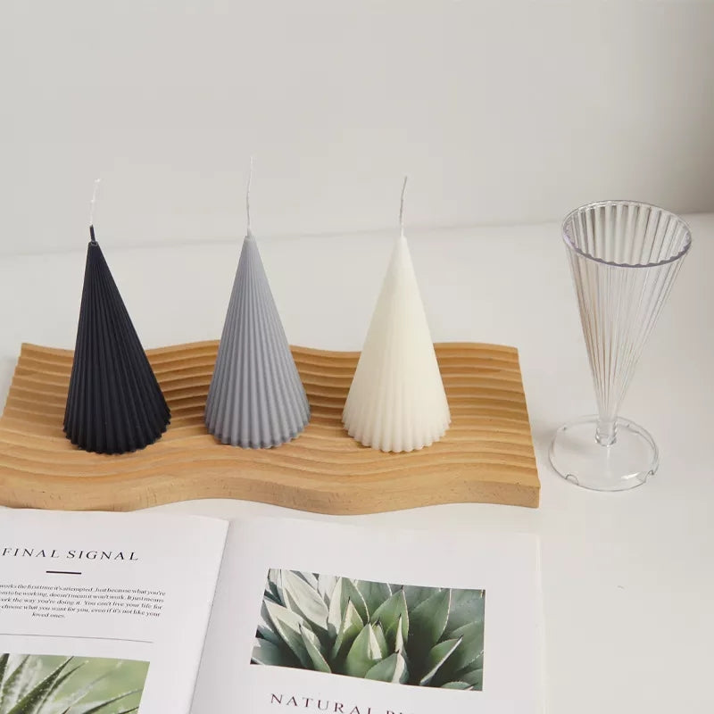 Ribbed Cone Candle Mould 4 - Silicone Mould, Mold for DIY Candles. Created using candle making kit with cotton candle wicks and candle colour chips. Using soy wax for pillar candles. Sold by Myka Candles Moulds Australia