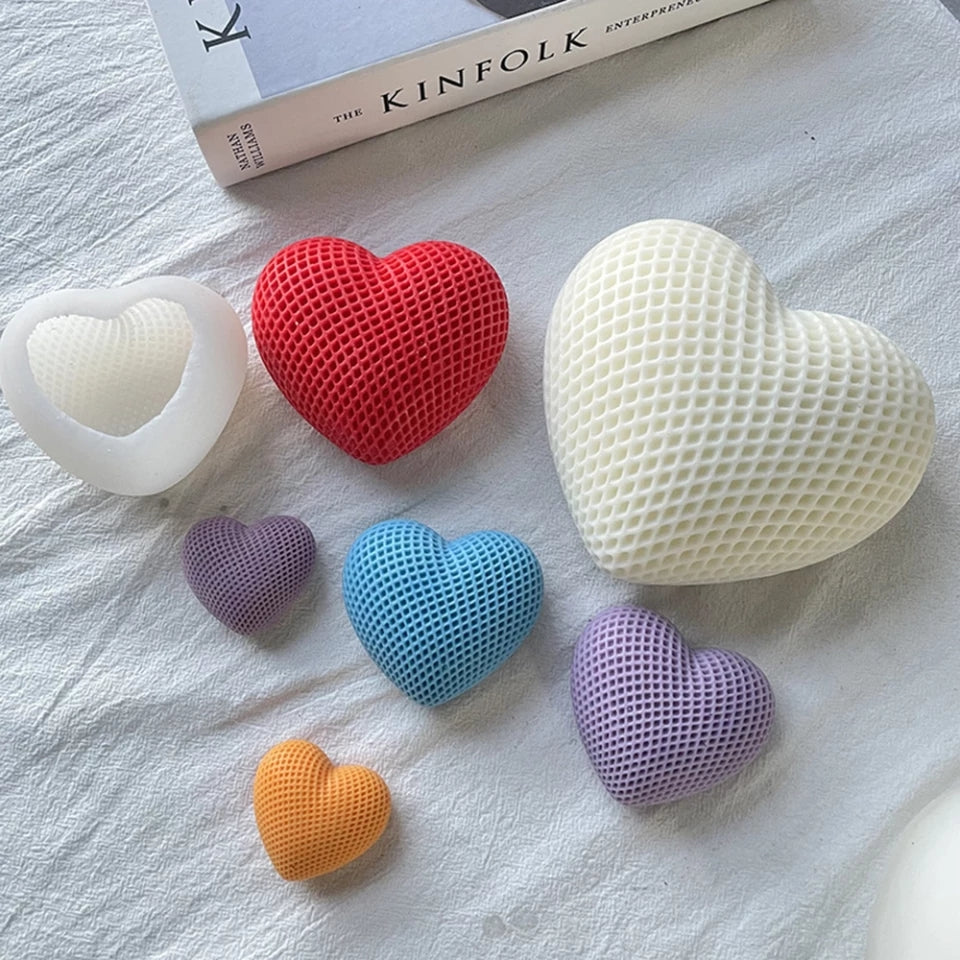 Mesh Heart Candle Mould 3 - Silicone Mould, Mold for DIY Candles. Created using candle making kit with cotton candle wicks and candle colour chips. Using soy wax for pillar candles. Sold by Myka Candles Moulds Australia