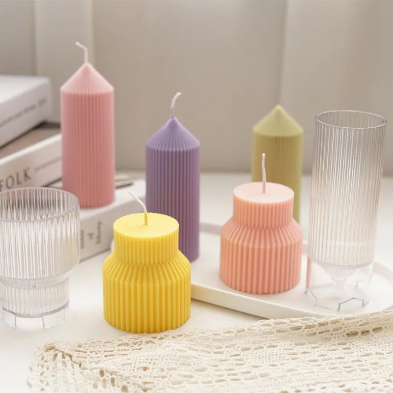Pointy Ribbed Pillar Candle Mould 4 - Silicone Mould, Mold for DIY Candles. Created using candle making kit with cotton candle wicks and candle colour chips. Using soy wax for pillar candles. Sold by Myka Candles Moulds Australia