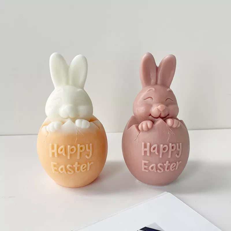Happy Easter Bunny Candle Mould 2 - Silicone Mould, Mold for DIY Candles. Created using candle making kit with cotton candle wicks and candle colour chips. Using soy wax for pillar candles. Sold by Myka Candles Moulds Australia