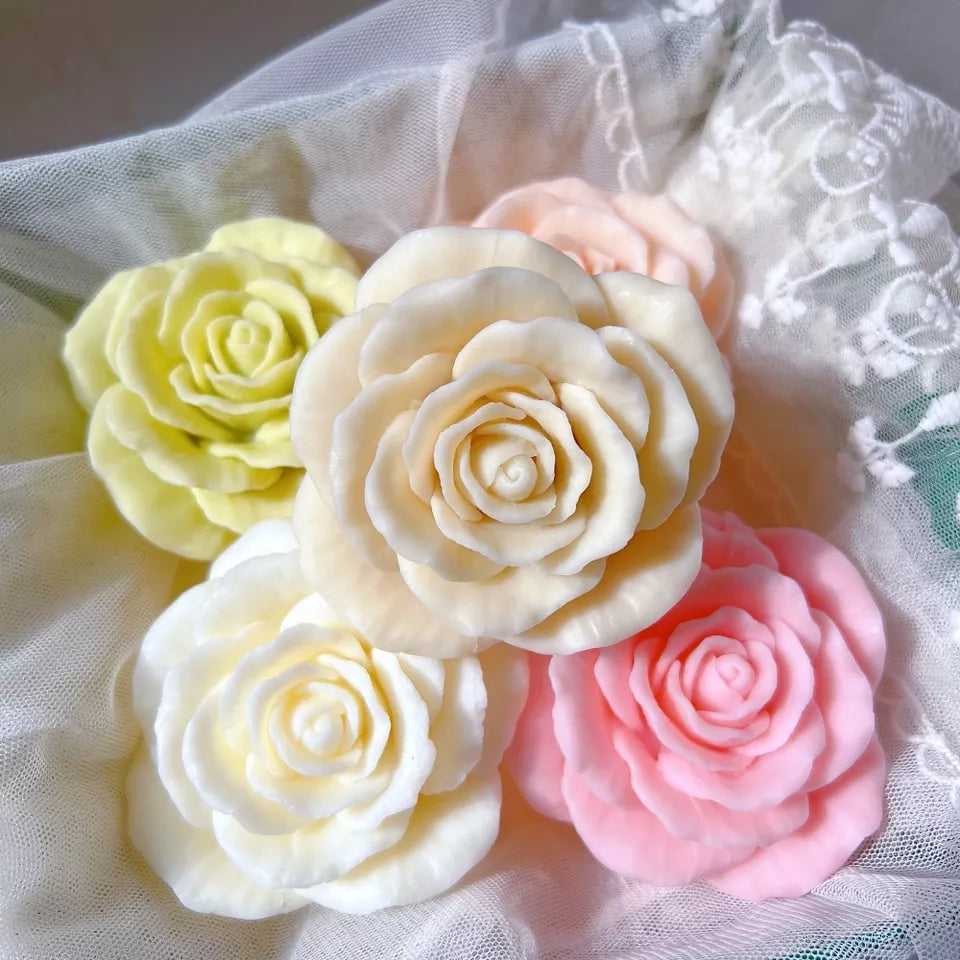 Blooming Rose Candle Mould 4 - Silicone Mould, Mold for DIY Candles. Created using candle making kit with cotton candle wicks and candle colour chips. Using soy wax for pillar candles. Sold by Myka Candles Moulds Australia