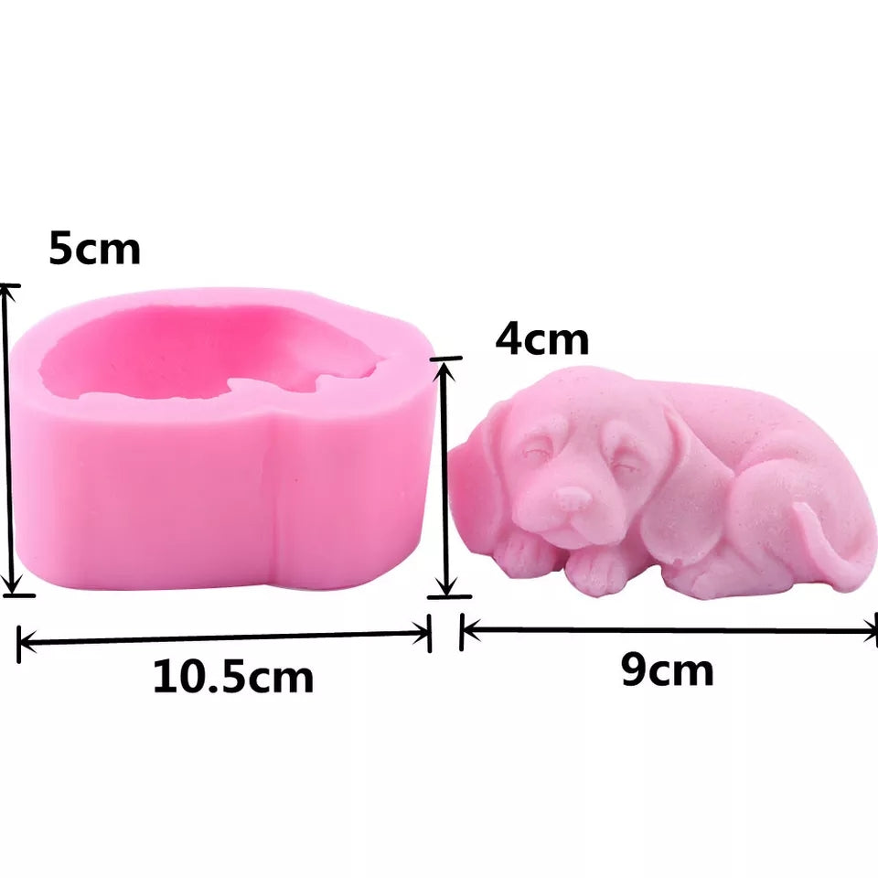 Sleeping Puppy Candle Mould 2 - Silicone Mould, Mold for DIY Candles. Created using candle making kit with cotton candle wicks and candle colour chips. Using soy wax for pillar candles. Sold by Myka Candles Moulds Australia