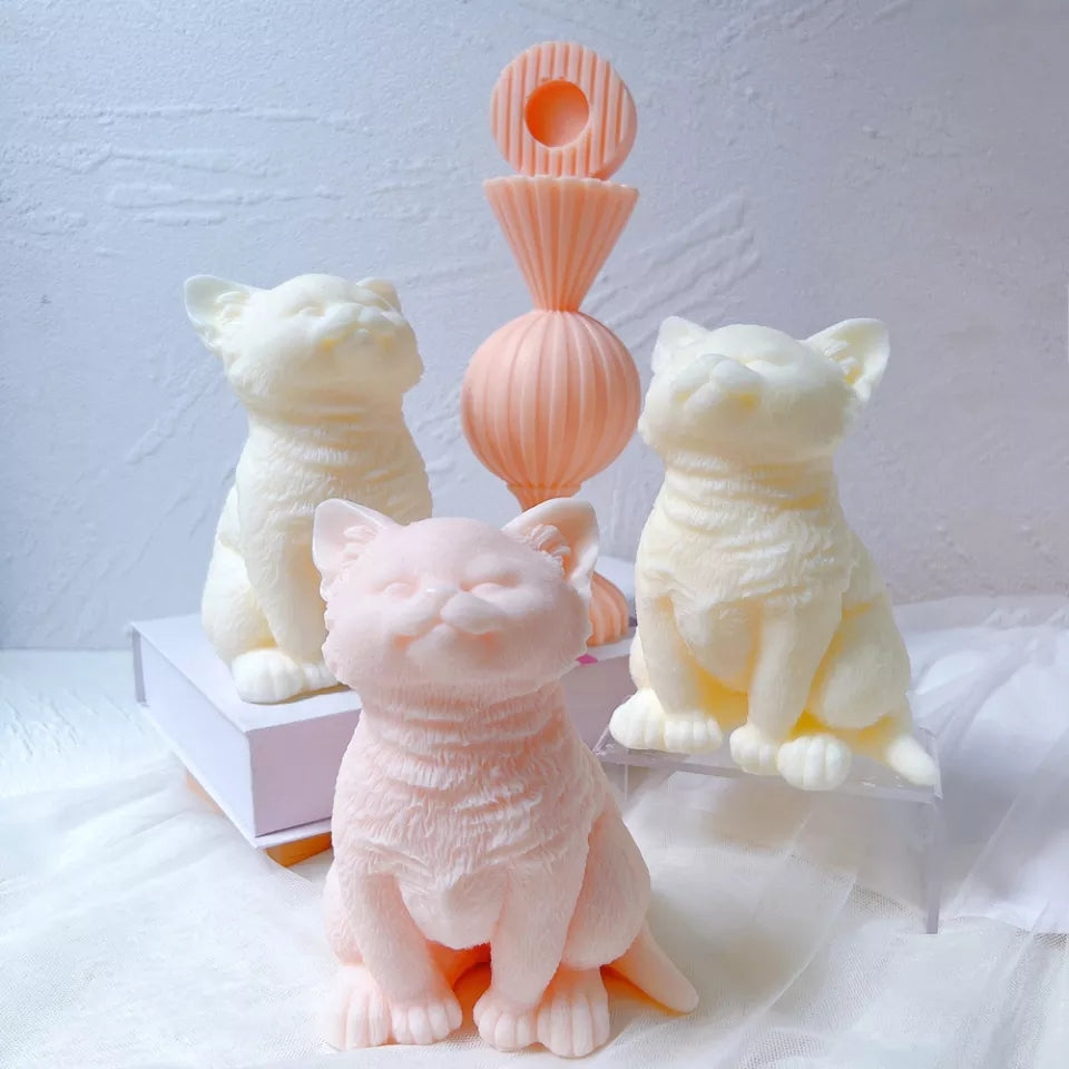 Kitten Candle Mould 9 - Silicone Mould, Mold for DIY Candles. Created using candle making kit with cotton candle wicks and candle colour chips. Using soy wax for pillar candles. Sold by Myka Candles Moulds Australia