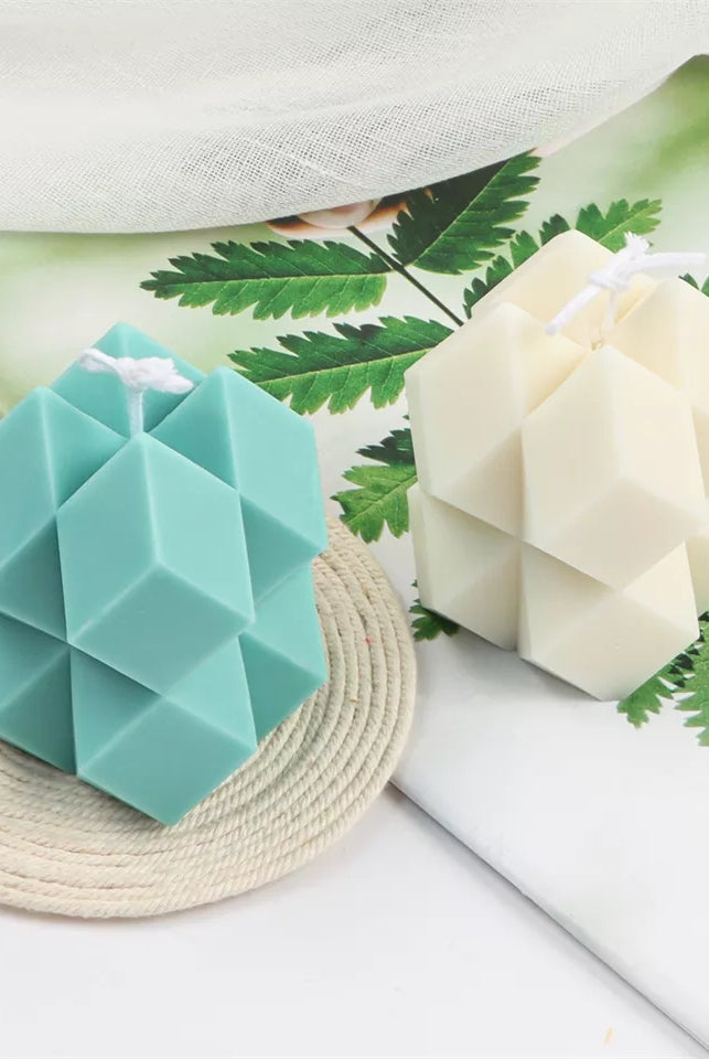 Sharp Cube Candle Mould 0 - Silicone Mould, Mold for DIY Candles. Created using candle making kit with cotton candle wicks and candle colour chips. Using soy wax for pillar candles. Sold by Myka Candles Moulds Australia