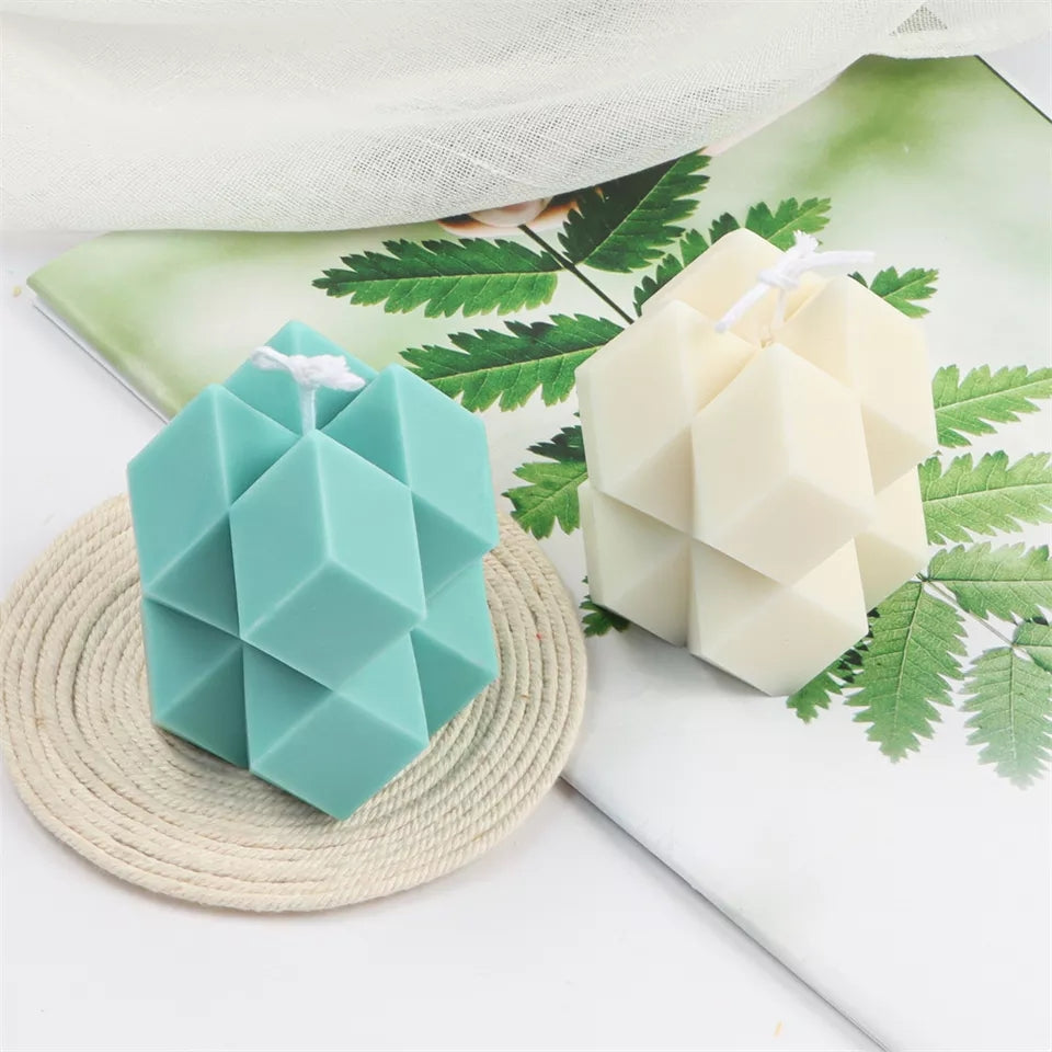 Sharp Cube Candle Mould 0 - Silicone Mould, Mold for DIY Candles. Created using candle making kit with cotton candle wicks and candle colour chips. Using soy wax for pillar candles. Sold by Myka Candles Moulds Australia