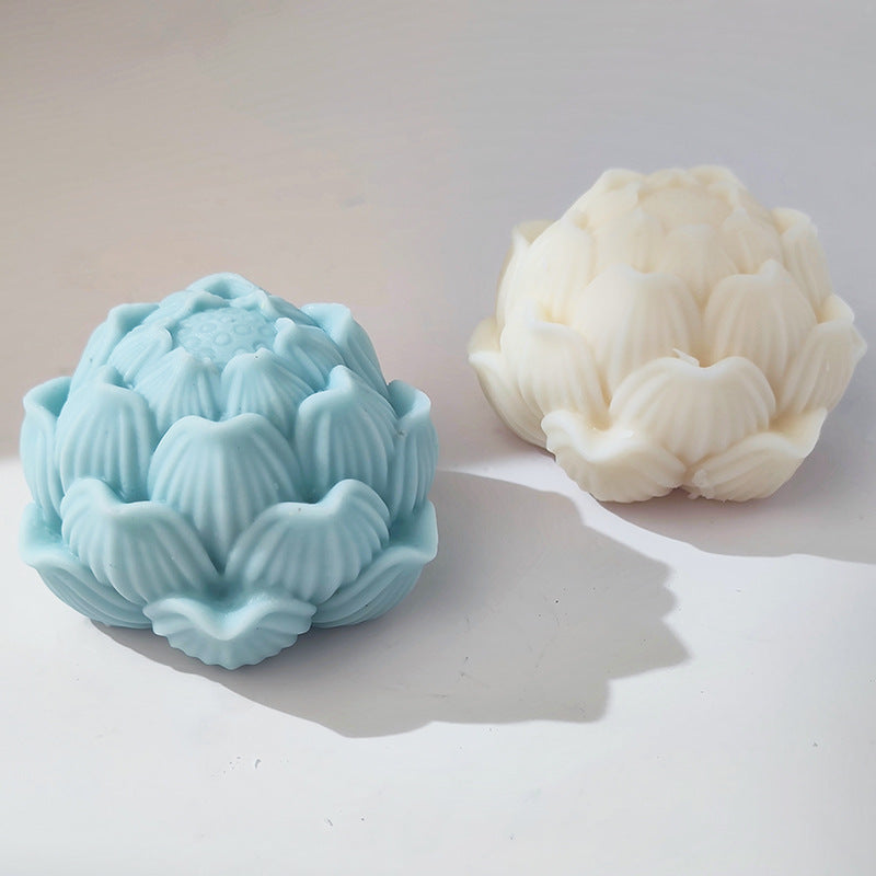 Blooming Lotus Candle Mould 2 - Silicone Mould, Mold for DIY Candles. Created using candle making kit with cotton candle wicks and candle colour chips. Using soy wax for pillar candles. Sold by Myka Candles Moulds Australia