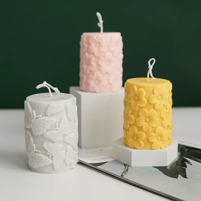 Frangipani Pillar Candle Mould 1 - Silicone Mould, Mold for DIY Candles. Created using candle making kit with cotton candle wicks and candle colour chips. Using soy wax for pillar candles. Sold by Myka Candles Moulds Australia