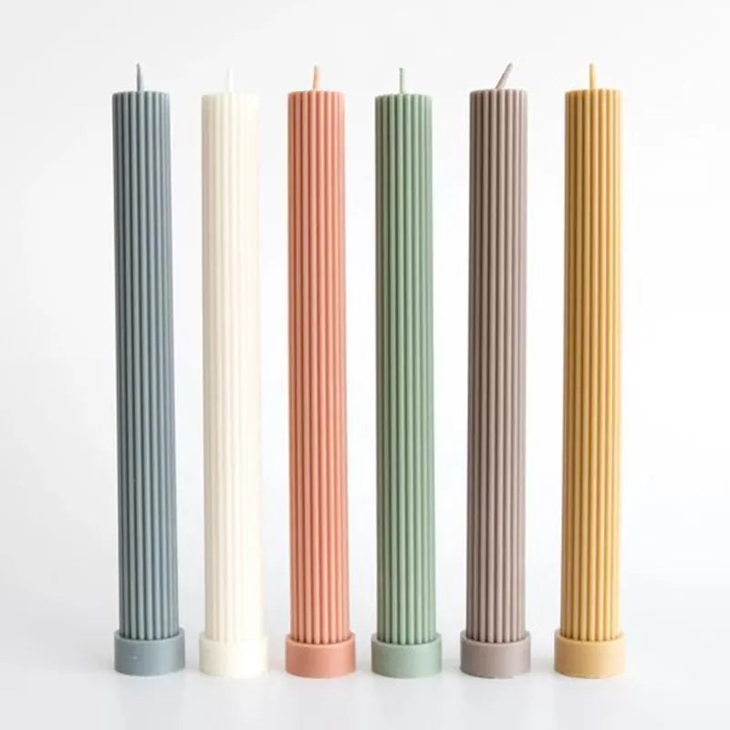 The flexible Base Ribbed Pillar Candle Mould silicone candle mould by MYKA Candles and Moulds, suitable for soap moulds and food-grade cake mould use.