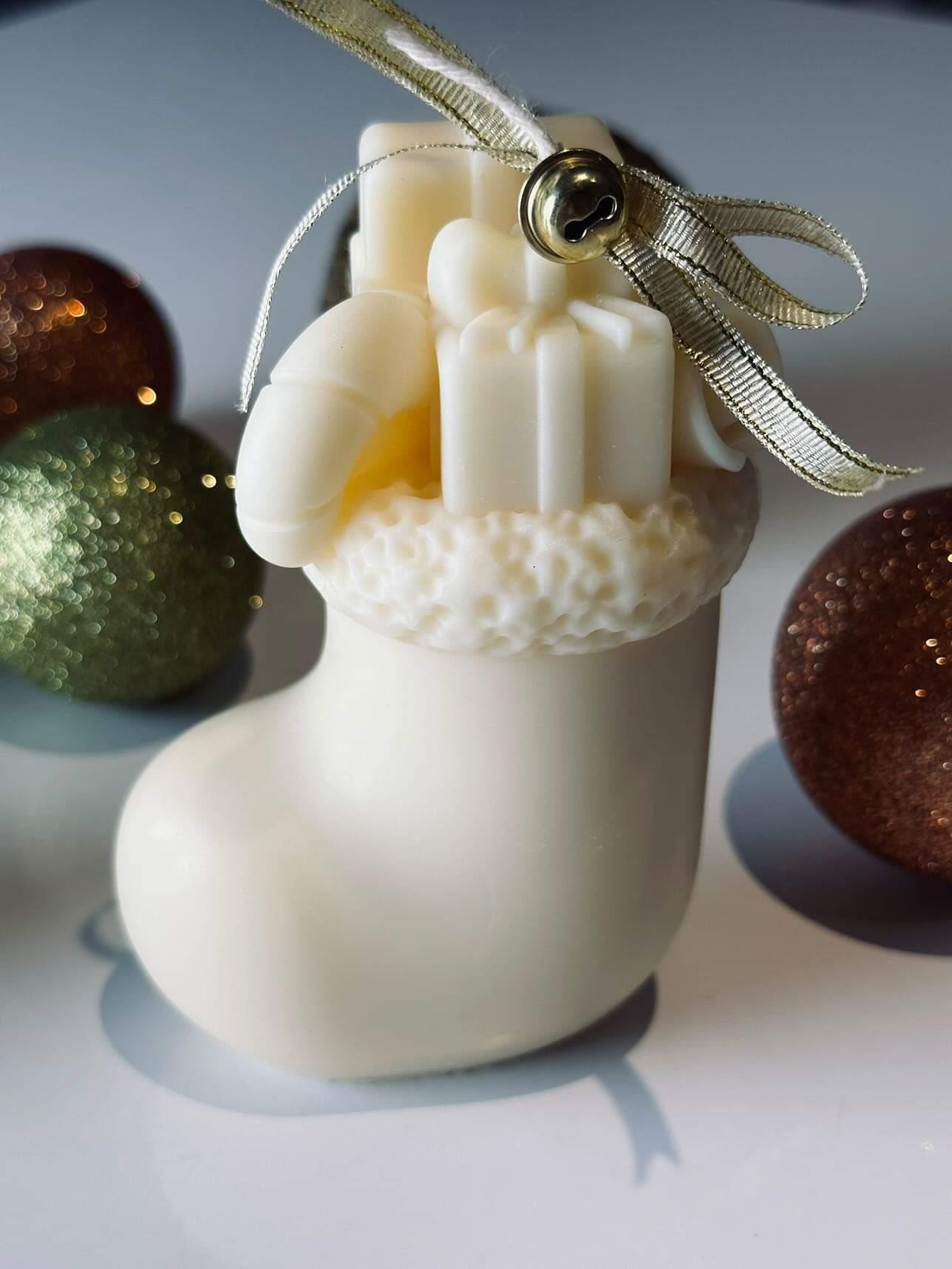 A Christmas Stocking Silicone Candle Mould silicone candle mold by MYKA Candles and Moulds, the perfect multipurpose tool for soap, resin, and cake mould casting.