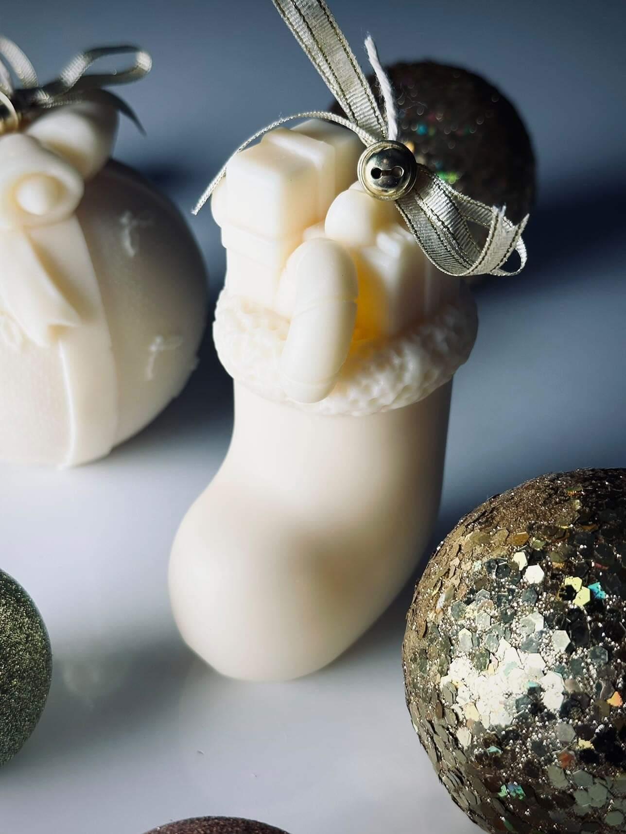 A Christmas Stocking Silicone Candle Mould silicone candle mold by MYKA Candles and Moulds, designed for easy release in soap, resin, and cake mould casting.