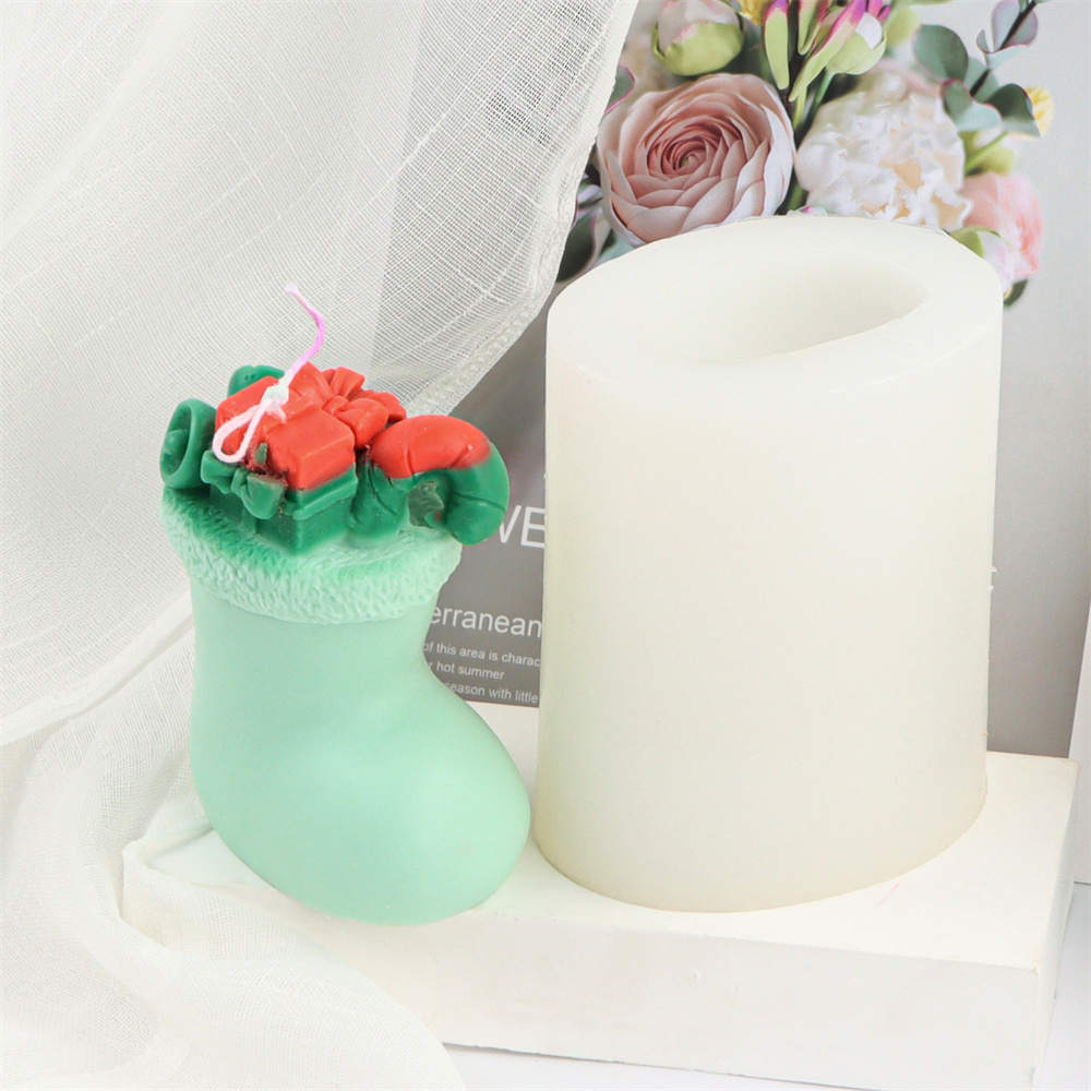 The flexible Christmas Stocking Silicone Candle Mould silicone candle mould by MYKA Candles and Moulds, suitable for soap moulds and food-grade cake mould use.