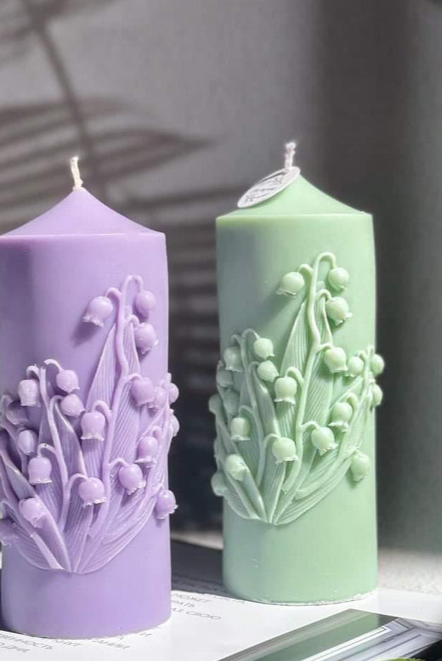 Lily of the Valley Candle Mould 1 - Silicone Mould, Mold for DIY Candles. Created using candle making kit with cotton candle wicks and candle colour chips. Using soy wax for pillar candles. Sold by Myka Candles Moulds Australia