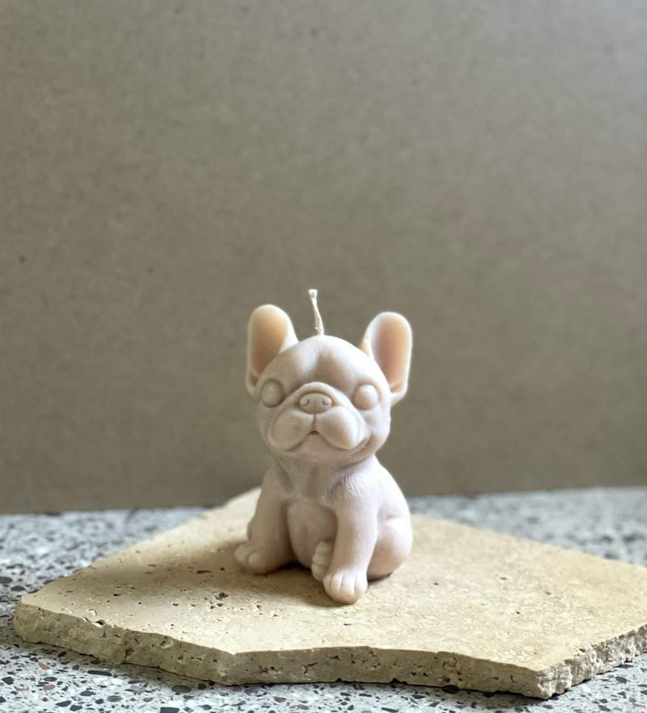 Frenchie Puppy Candle Mould 0 - Silicone Mould, Mold for DIY Candles. Created using candle making kit with cotton candle wicks and candle colour chips. Using soy wax for pillar candles. Sold by Myka Candles Moulds Australia