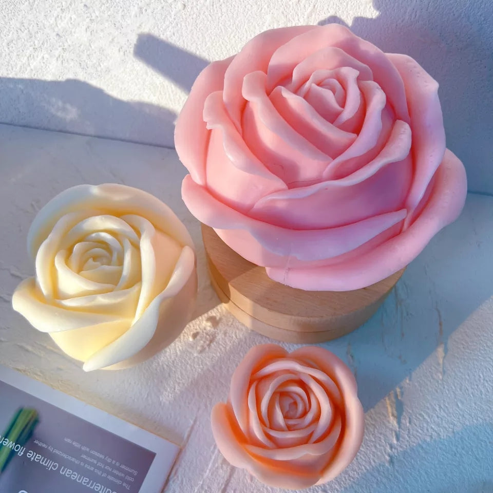 An aesthetic Large Rose Candle Moulds silicone candle mould from MYKA Candles and Moulds, perfect for soap, resin, and cake mould art.