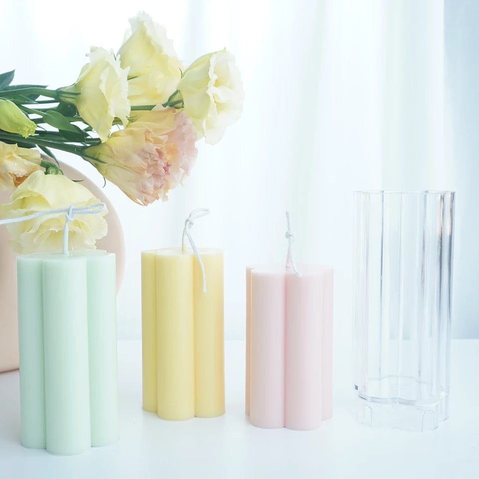 An aesthetic Multi-sized Blossom Pillar Candle Moulds silicone candle mould from MYKA Candles and Moulds, perfect for soap, resin, and cake mould art.