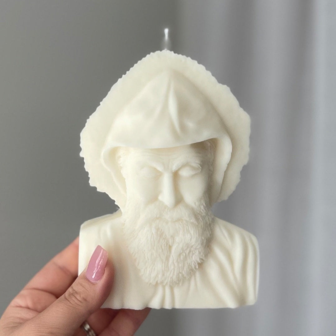 A detailed Saint Charbel Candle Mould silicone candle mould by MYKA Candles and Moulds, perfect for candle making, soap moulds, and resin moulds.