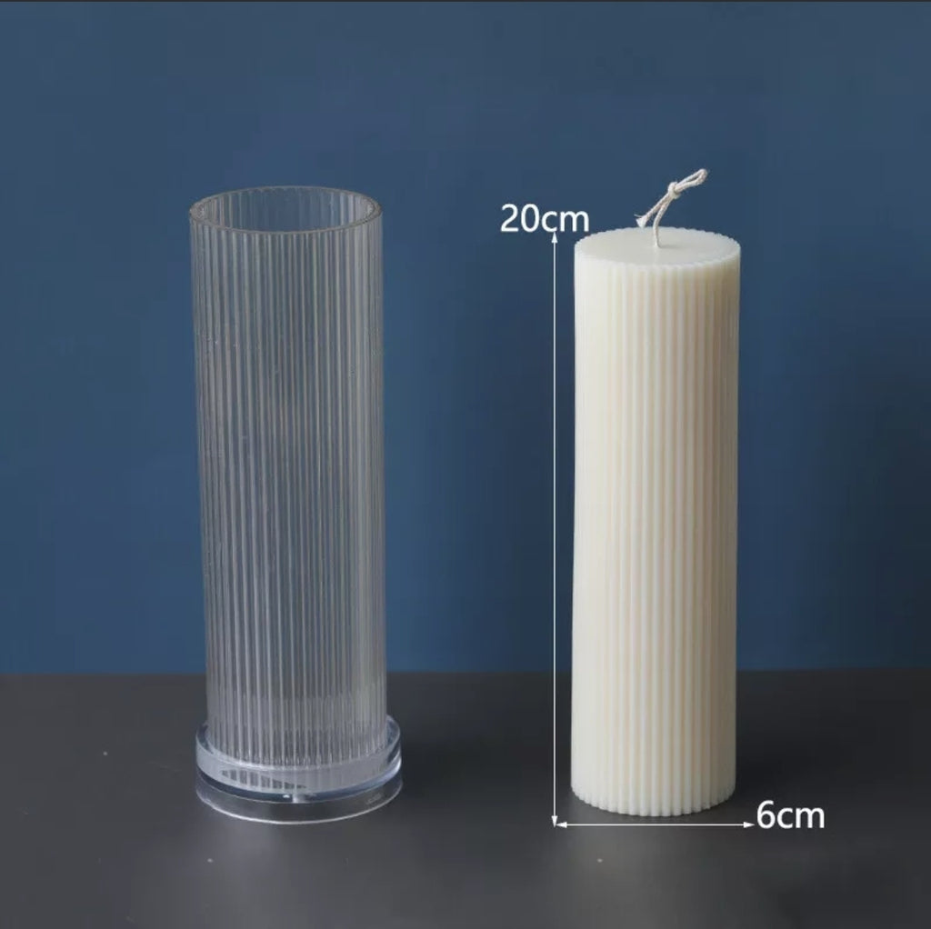 Ribbed Pillar Candle Moulds 3 - Silicone Mould, Mold for DIY Candles. Created using candle making kit with cotton candle wicks and candle colour chips. Using soy wax for pillar candles. Sold by Myka Candles Moulds Australia