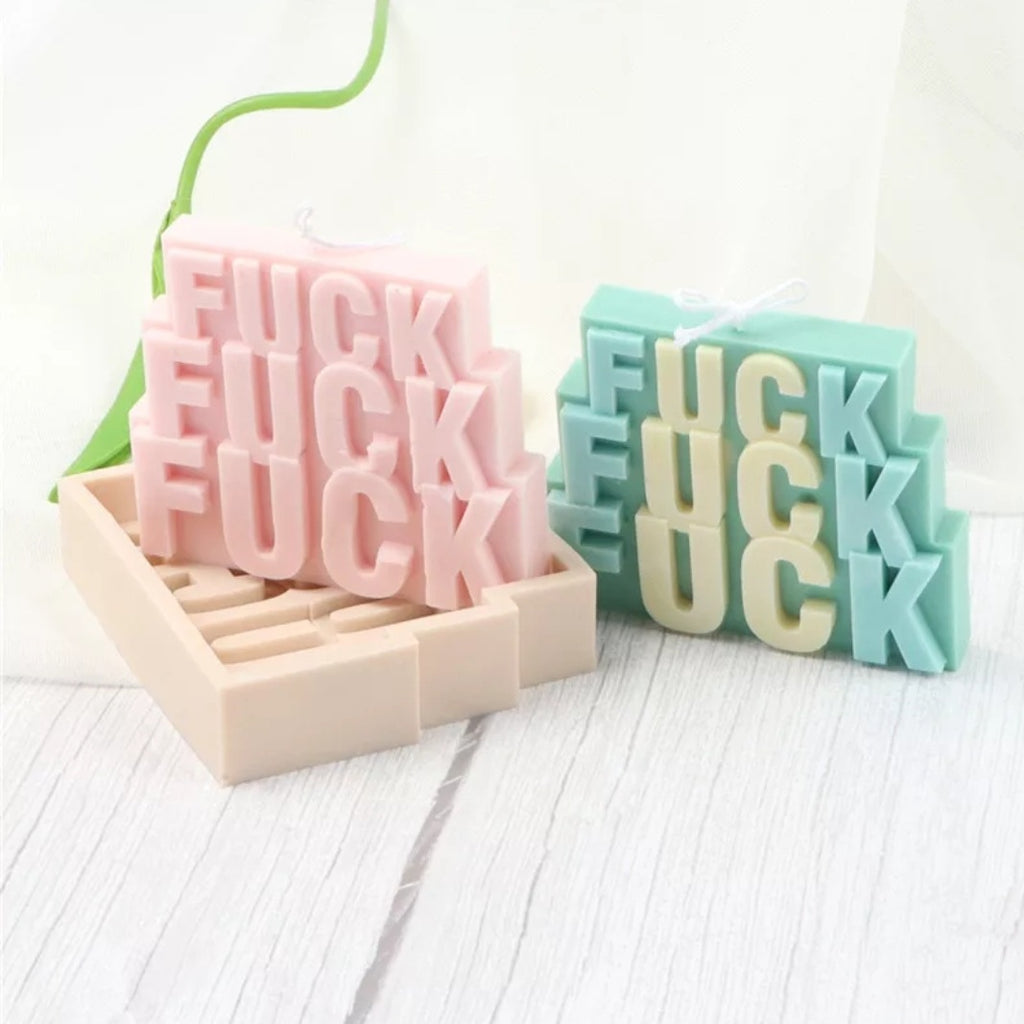 F*ck Candle Mould 1 - Silicone Mould, Mold for DIY Candles. Created using candle making kit with cotton candle wicks and candle colour chips. Using soy wax for pillar candles. Sold by Myka Candles Moulds Australia