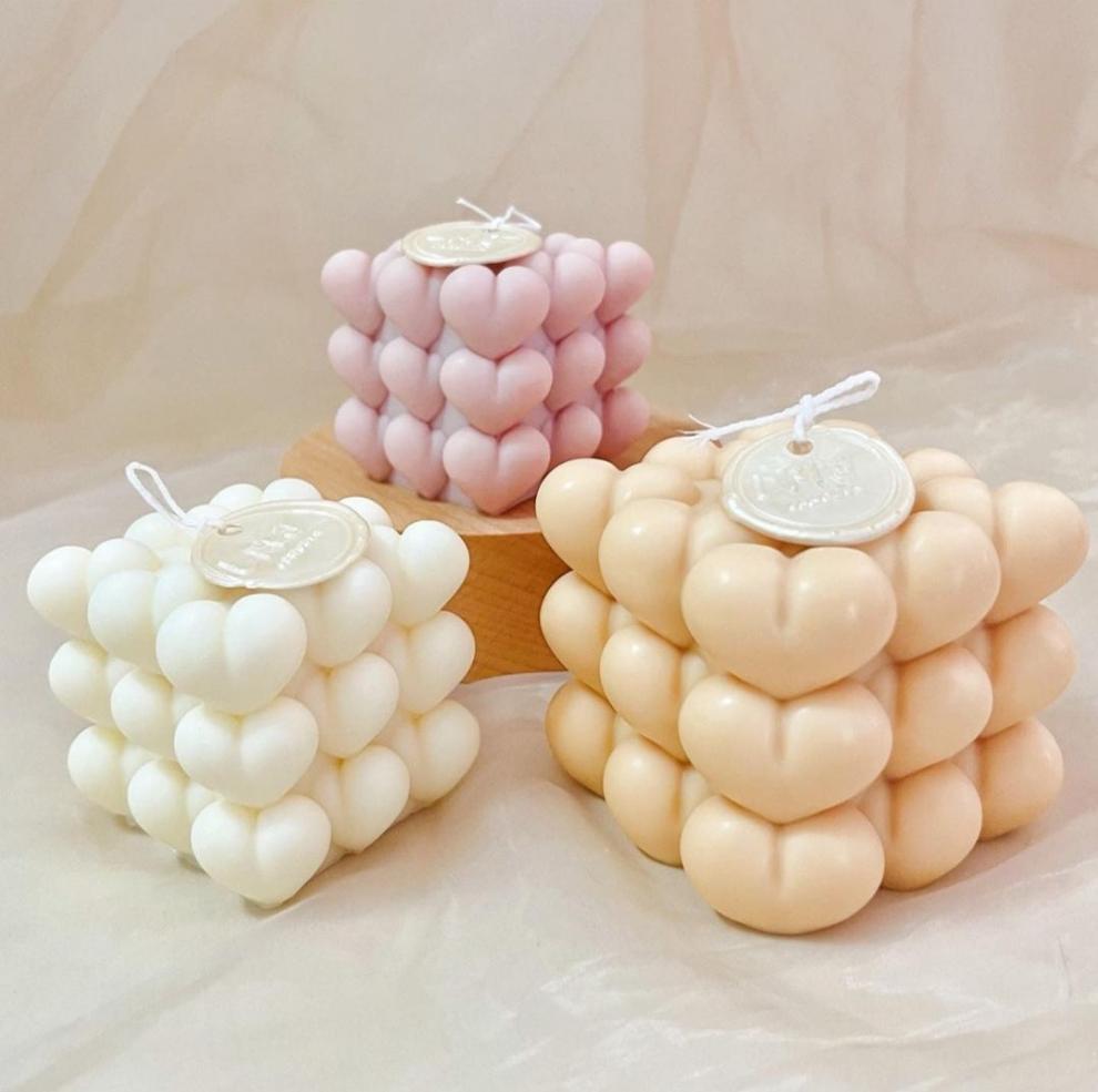 Heart Cube Candle Moulds 4 - Silicone Mould, Mold for DIY Candles. Created using candle making kit with cotton candle wicks and candle colour chips. Using soy wax for pillar candles. Sold by Myka Candles Moulds Australia