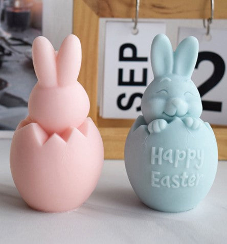 Happy Easter Bunny Candle Mould 1 - Silicone Mould, Mold for DIY Candles. Created using candle making kit with cotton candle wicks and candle colour chips. Using soy wax for pillar candles. Sold by Myka Candles Moulds Australia